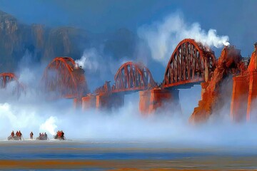 Misty railway bridge over a river