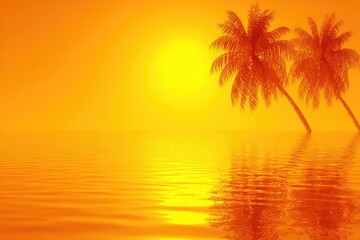 Golden sunset over tropical sea.  Palm trees silhouettes against fiery sky