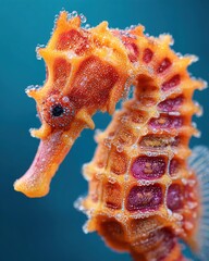 Orange seahorse covered in tiny bubbles swimming in blue water