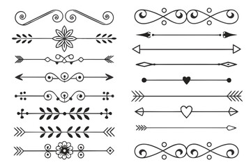 Fototapeta premium Elegant Ornamental Divider Set with Arrows, Swirls, and Floral Accents in Hand-Drawn Black Vector. Vintage Decorative Elements for Invitations and Layouts.