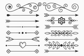 Obraz premium Hand-Drawn Divider Collection Featuring Floral Arrows, Curved Swirls, and Vintage Line Borders in Elegant Black Vector for Layouts and Poster Templates.