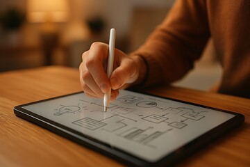 A hand sketches a digital flowchart on a tablet using a stylus in warm, inviting, light, close up.