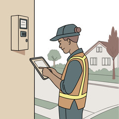 A worker in a safety vest using a tablet next to an electrical box with a house in the background view