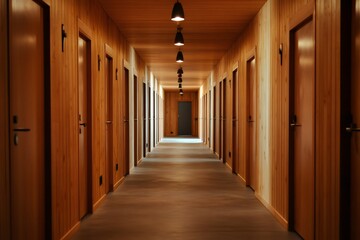 Long corridor with wooden walls and doors creating a cozy hostel atmosphere