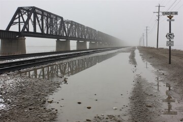 Foggy railroad bridge over flooded road