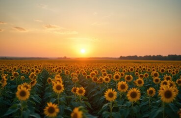 Fototapeta premium Sunflower field at sunset. Beautiful sunflowers with yellow petals, green leaves. Warm sunlight at dusk. Nature landscape, rural scene. Agriculture, farming.