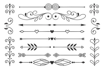 Fototapeta premium Ornamental Hand-Drawn Dividers with Arrows, Swirls, and Floral Elements in Elegant Black Vector. Vintage Borders for Layout Design and Creative Invitations.