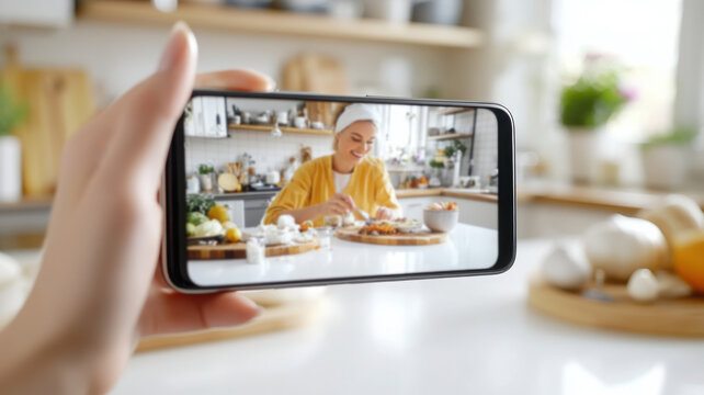 Close-up view of smartphone recording a recipe tutorial with blogger assembling ingredients. Clean and bright kitchen background - Powered by Adobe