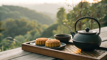 Enjoying traditional mooncakes and tea with a scenic mountain view