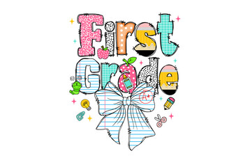  First Grade School Girl Design – Heart and Bow with School Supplies isolated on transparent background