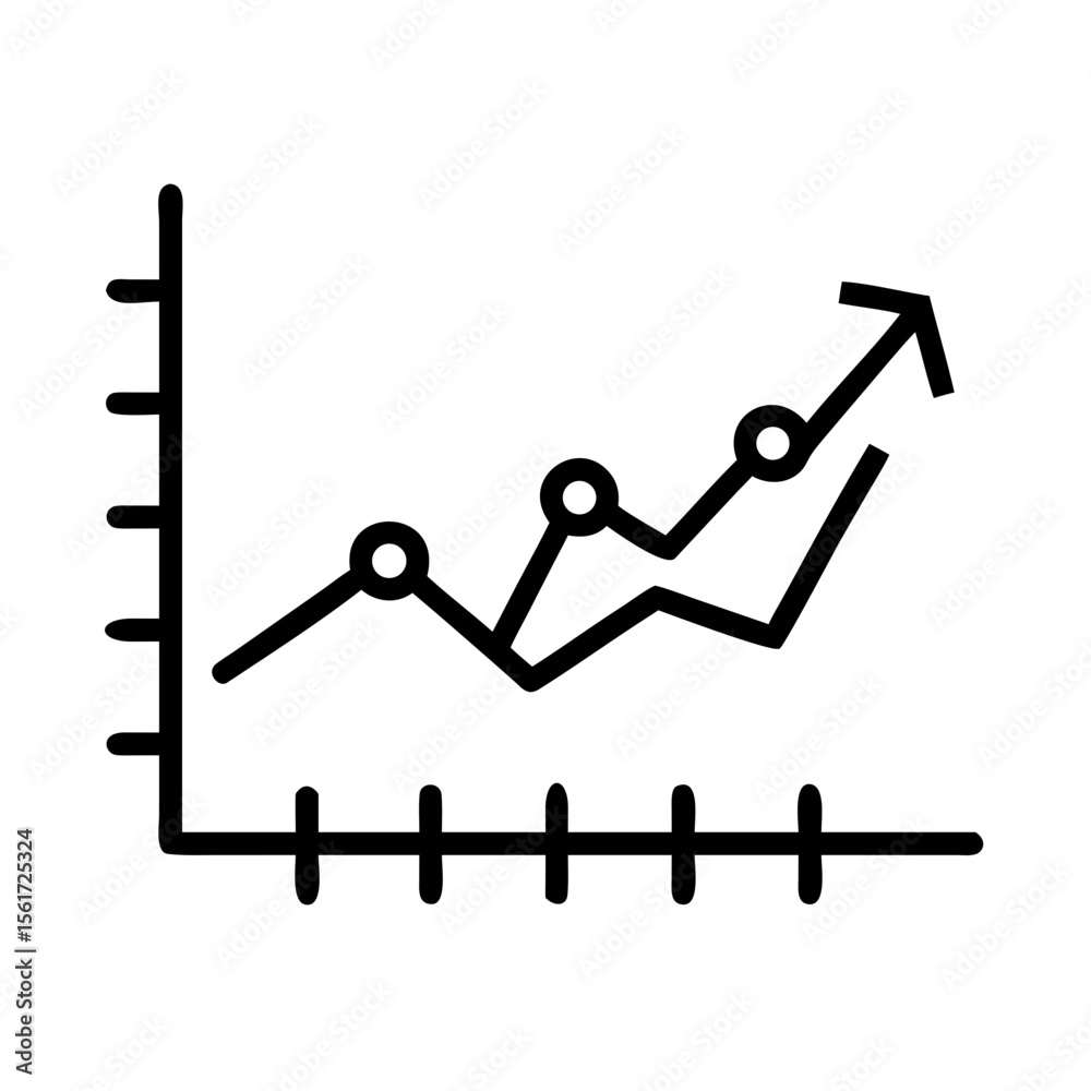 Poster line graph with upward trend and circular data points illustrating growth and progress with arrow at