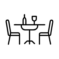 Dining setup illustration featuring table with wine bottle and glass between two chairs in outline style