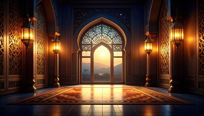 Obraz premium Majestic sunset view through ornate archway luxurious room interior design elegant environment wide angle perspective serenity concept