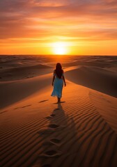 Woman in Blue Dress Walking on Sand Dunes at Sunset