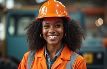 Smiling black woman wearing orange safety suit and helmet. Portrait of confident worker in warehouse. She is happy, has curly hair, good mood and looks at camera.