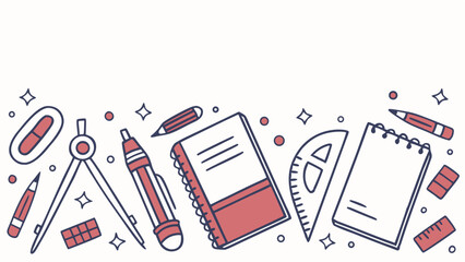 Illustration of school supplies including notebooks pencils compass eraser and ruler on a white background
