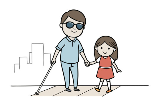 Blind man and Child crossing: A smiling blind man, with his white cane and dark glasses, gently holds hands with a child as they safely navigate a city street.