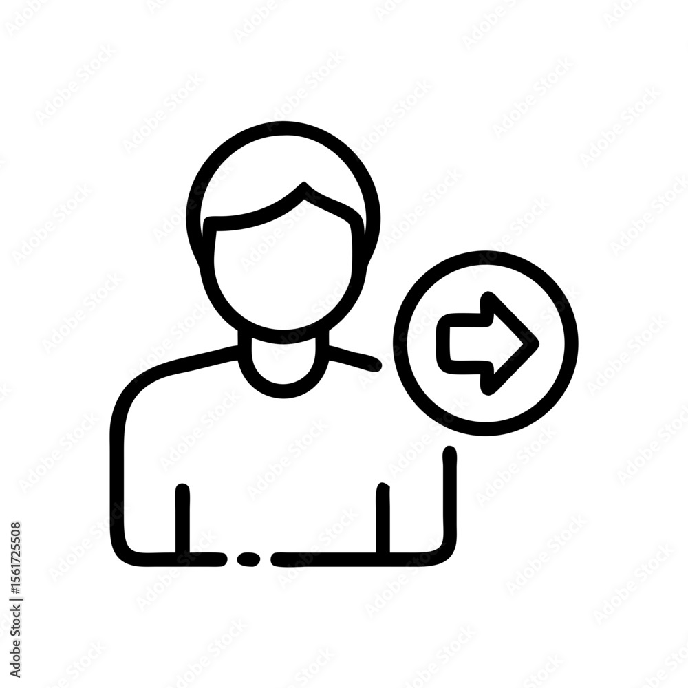 Poster outline of a person icon with a forward arrow inside a circle indicating user navigation or directio