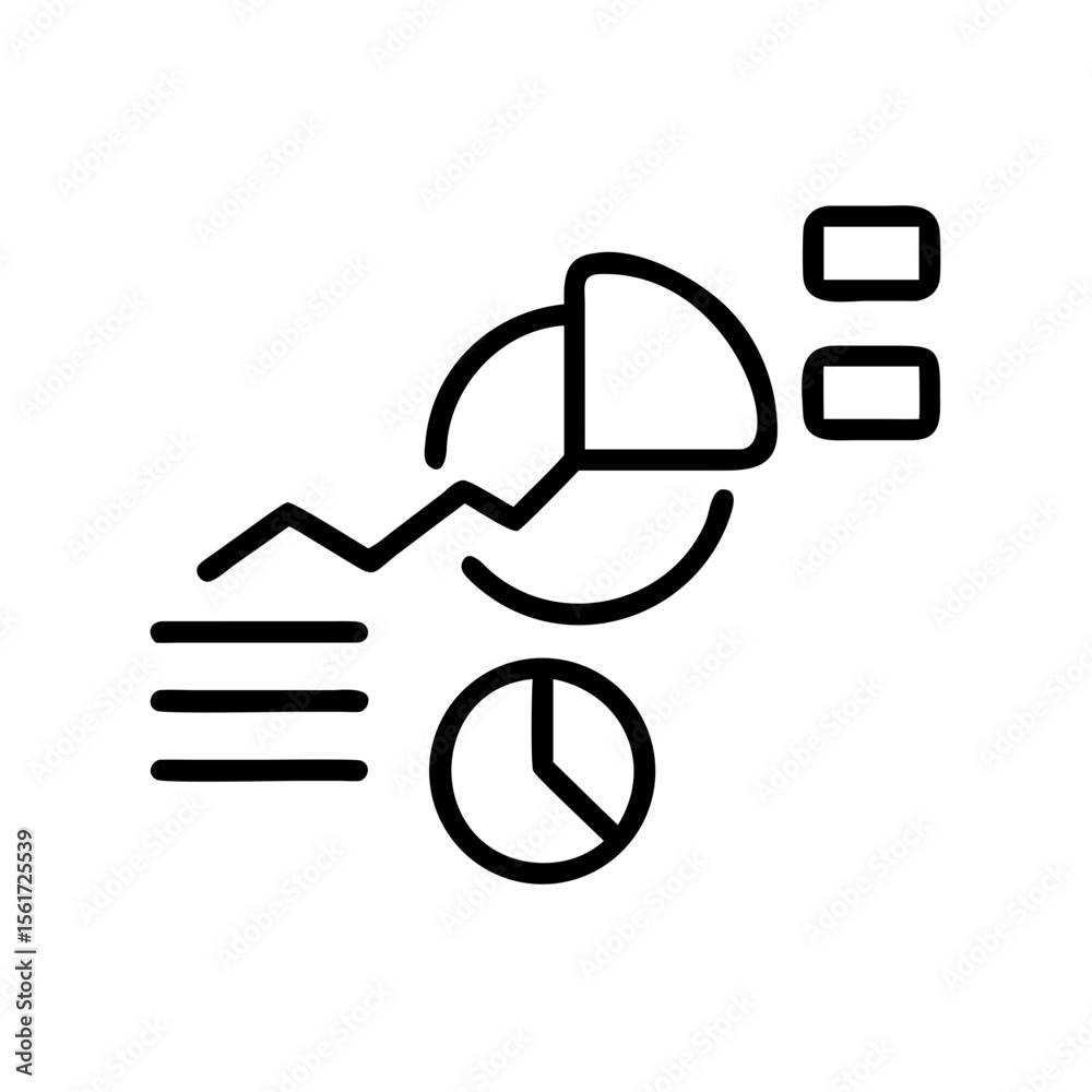 Poster line art illustration showing business data with pie charts and line graph elements for presentation