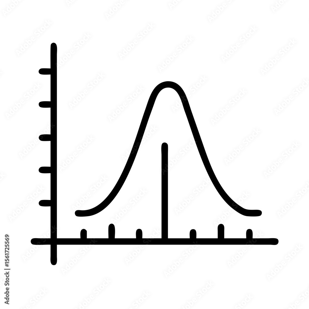 Poster illustration of a bell curve graph with axis lines and tick marks in a simple black line drawing sty