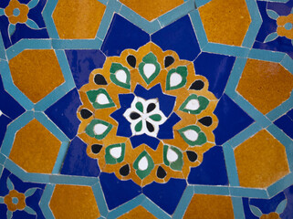 Samarkand , Uzbekistan 20 October, 2024: Guri Amir mausoleum closeup of tile mosaic of a flower