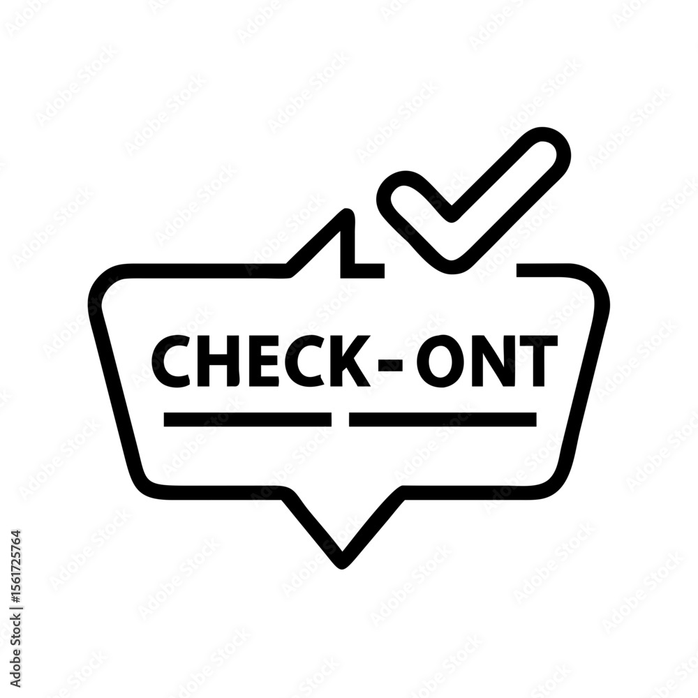 Poster check out icon with speech bubble and checkmark indicating completion and confirmation process onlin