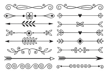 Fototapeta premium Decorative Black Vector Dividers with Arrows, Swirls, and Floral Motifs in Hand-Drawn Style. Elegant Vintage Borders for Creative Layouts and Invitations.