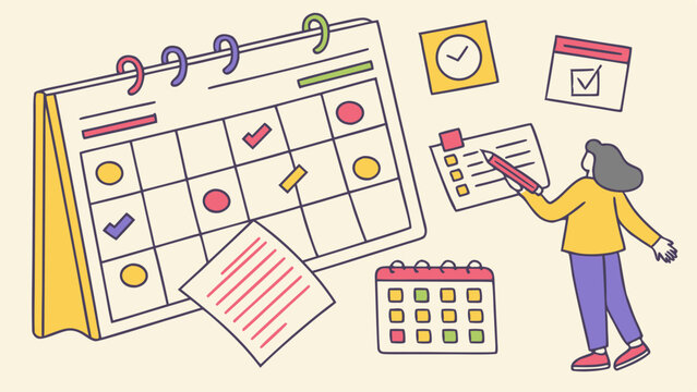 A woman scheduling tasks on a calendar with clock and checklist in a planning themed illustration