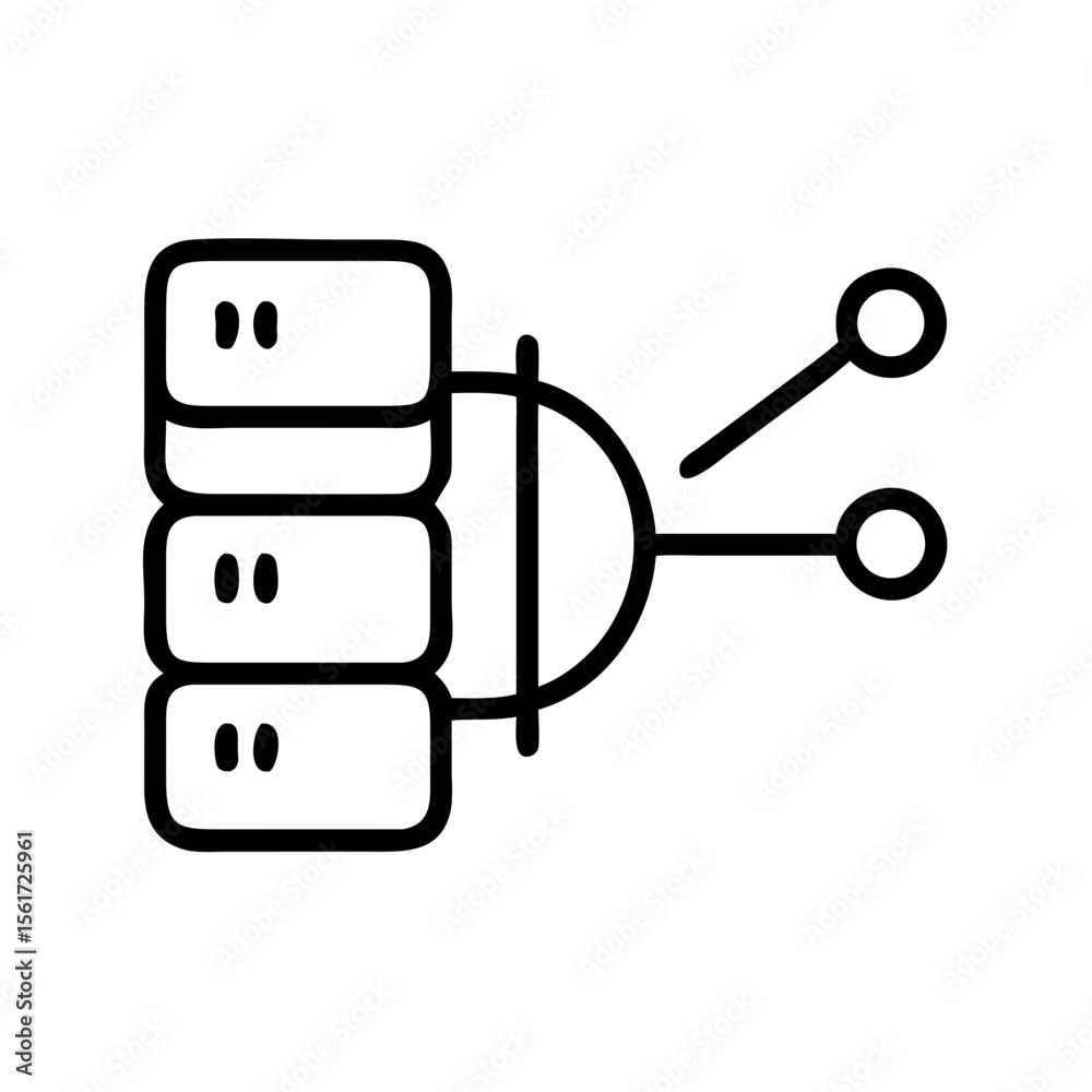 Poster illustration of a database server connected to a network represented by lines and circles symbol