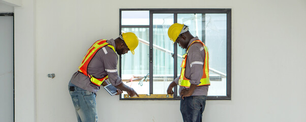 Two construction workers in safety gear carefully evaluate a window installation using a level tool...