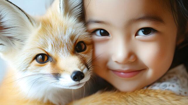 A young girl gently embraces a beautiful fox, sharing a heartwarming and tender moment.
