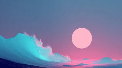Fototapeta premium A serene ocean landscape features calm waters, a vibrant rainbow-colored wave, and a breathtaking sunset in the background
