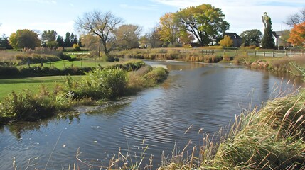 Idyllic riverside landscape featuring tranquil waters and lush greenery on a bright day