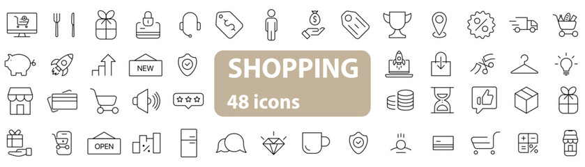 A complete set of 48 hand-crafted icons in halftone collage style, representing key concepts in shopping and e-commerce. Includes price tag, credit card, gift box, percent symbol, mobile screen, coins