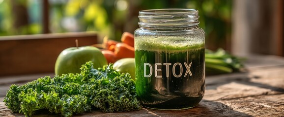 A wooden table holds a revitalizing green smoothie consisting of kale, apple, cucumber, and lemon, with "DETOX" inscribed on it