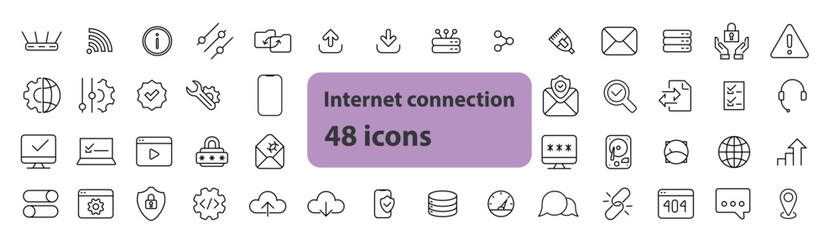 A clean and minimal set of 48 internet connection icons in linear outline style. Includes symbols for Wi-Fi, router, globe, signal strength, upload, download, server, satellite, firewall, and network 