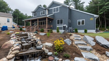 Idyllic Suburban Home Exterior Showcasing a Beautifully Landscaped Yard and Waterfall