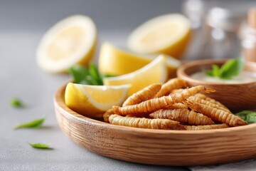 Crispy bamboo worms served with fresh lemon slices for a flavorful taste experience