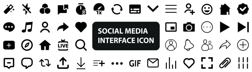 Set of minimalist black social media icons inspired by popular social networking sites and mobile apps. Simple and elegant black icons ideal for web, mobile, and digital design projects.
