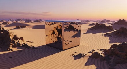 A surreal mirrored cube stands in a desert landscape at sunset reflecting the vast arid terrain and sky