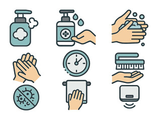 Hand Hygiene Icons. Flat icon set of hand hygiene: foaming soap, sanitizer bottle, washing hands, drying hands