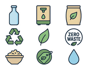 Eco-Friendly Icon Set. Flat icon set of eco-friendly refills: glass bottle, refill station, biodegradable