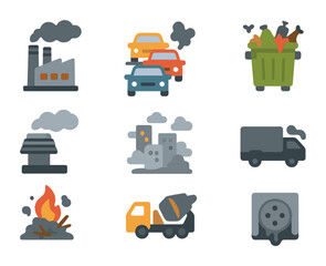 Urban Pollution Icons. Flat icon set of urban pollution sources: factory, traffic jam, garbage bin overflowing