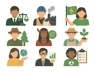 Environmental Career Icons. Flat icon set of environmental justice careers: environmental lawyer, pollution