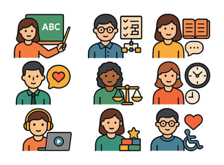 Education Career Icons. Flat icon set of education impact careers: teacher, curriculum developer, literacy