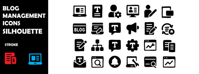 Blog Management Icons Silhouette Vector Set – Content Planning, SEO Tools and Publishing Process Symbols