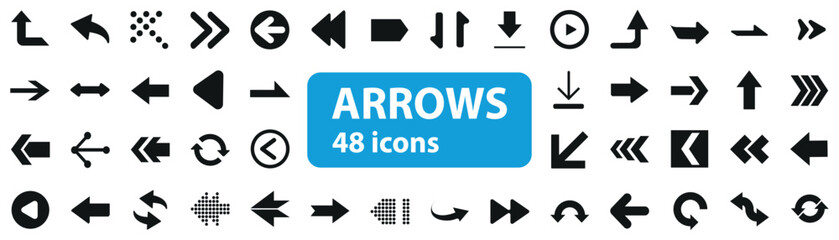 Set of 48 clean and simple arrow icons in various directions and styles. Ideal for enhancing navigation, user interfaces, and digital designs with minimalist arrow graphics.