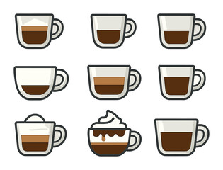 Espresso Drink Icons. Flat icon set of espresso drinks: macchiato, ristretto, doppio, flat white, cortado,