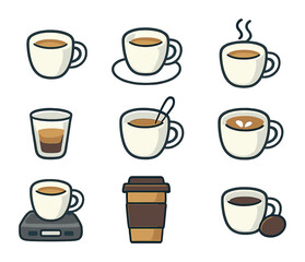 Espresso Icon Set. Flat icon set of espresso cup: small cup with crema, saucer, steaming cup, espresso shot,