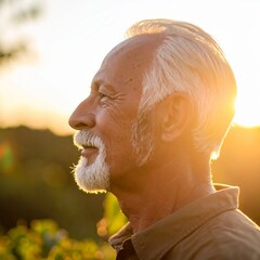 Fototapeta premium Mature man enjoying sunset in a serene outdoor setting surrounded by nature
